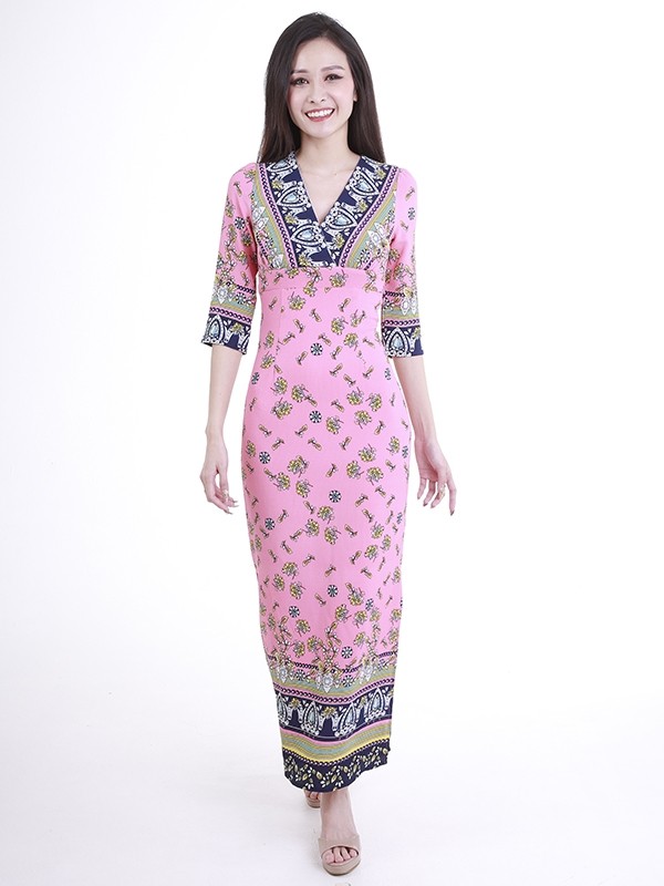 Pink Floral Print Long Dress- D38610