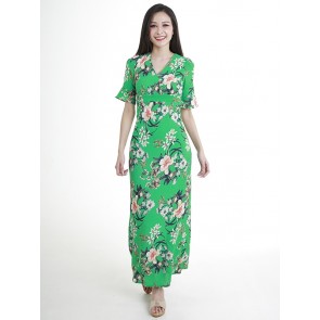 Green Floral Print Long Dress- D38455